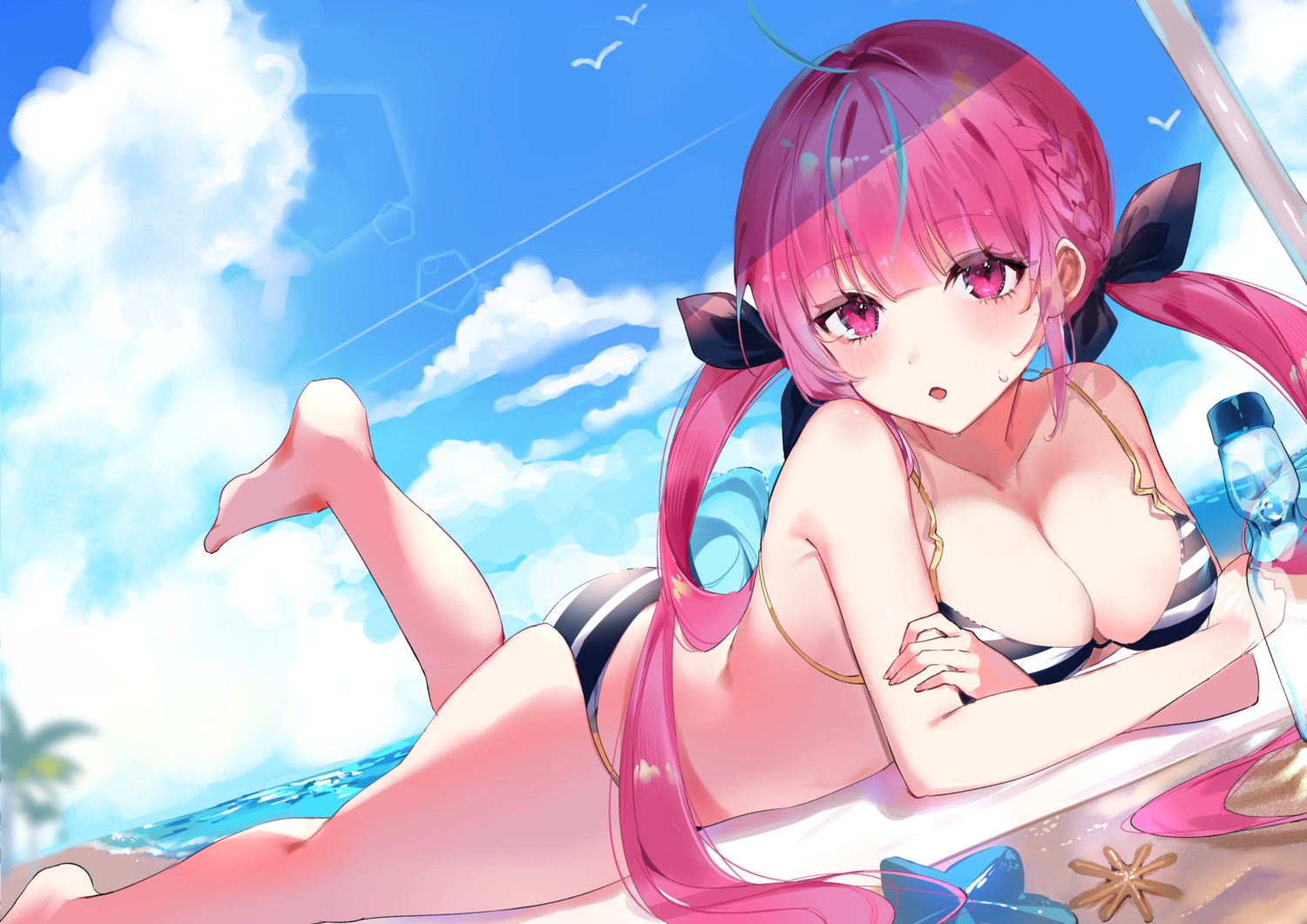 barefoot, bikini, blush, braids, breasts, cleavage, clouds, drink, hololive, long_hair, minato_aqua, pink_eyes, pink_hair, punya, sky, swimsuit, twintails, water