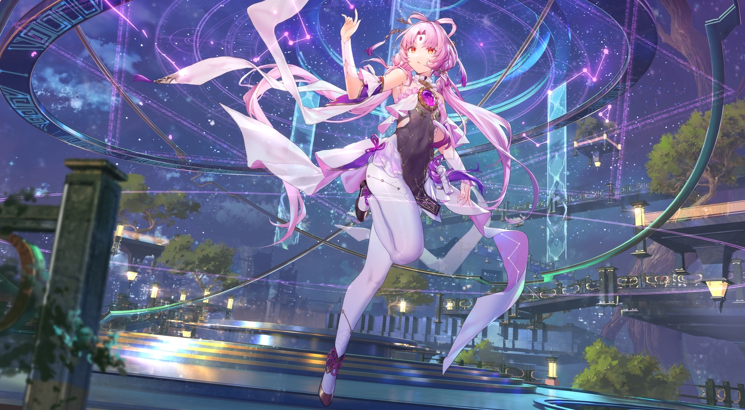 3d, flat_chest, fu_xuan_(honkai:_star_rail), honkai_(series), honkai:_star_rail, long_hair, magic, night, pantyhose, pink_hair, red_eyes, stars, swd3e2, tree