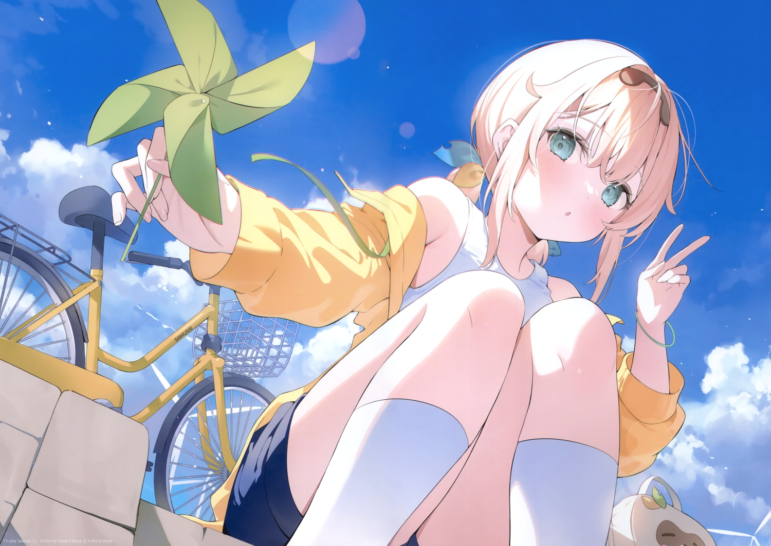 aqua_eyes, bicycle, blonde_hair, blush, clouds, hana_mori, headband, hololive, kazama_iroha, kneehighs, scan, sky, twintails
