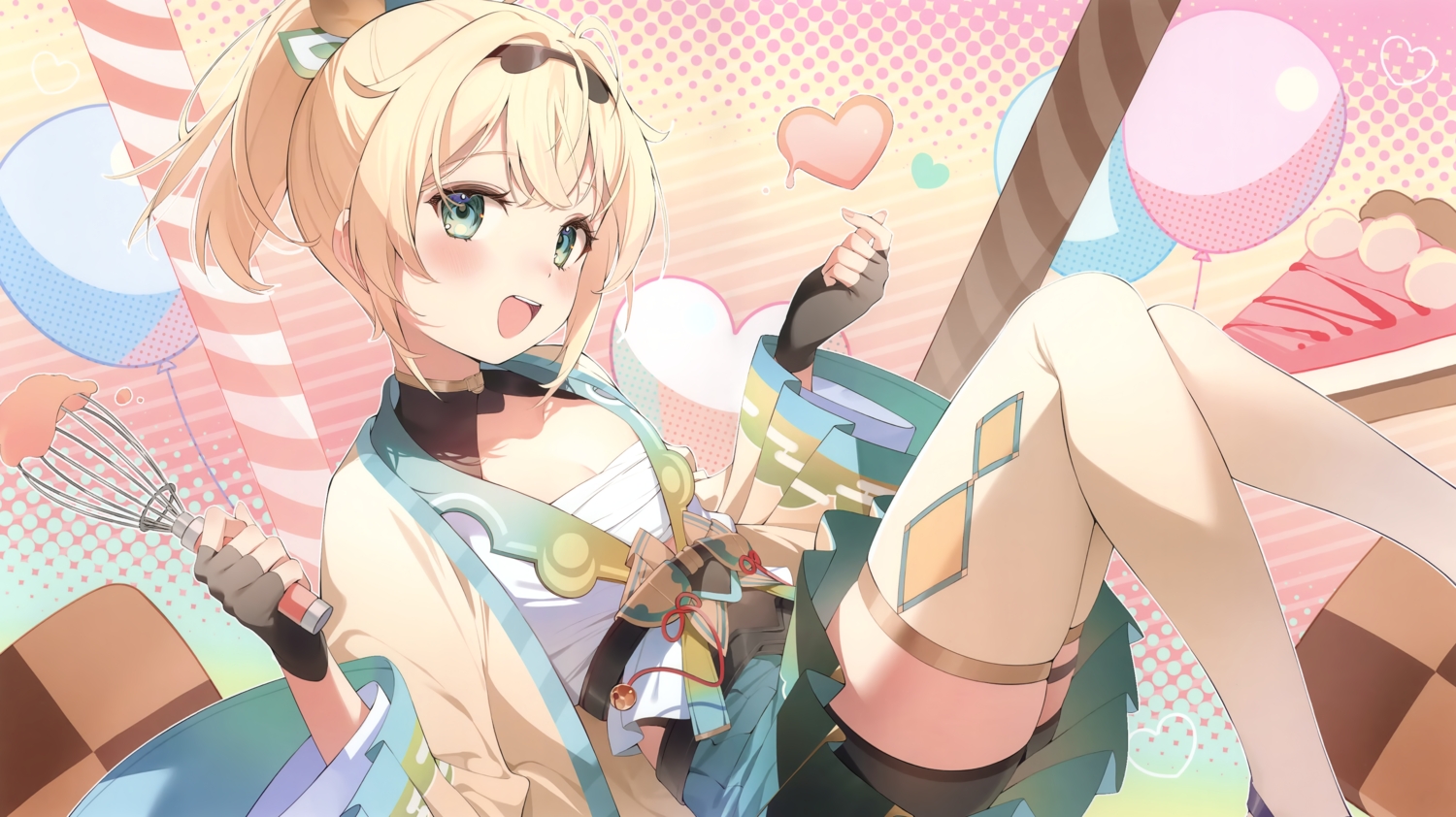 bike_shorts, blonde_hair, blush, food, gloves, green_eyes, hana_mori, headband