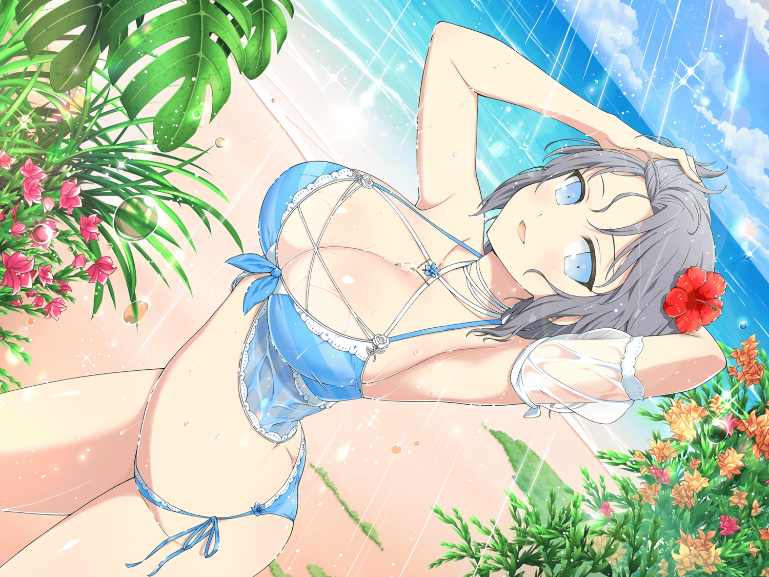 beach, bikini, blue_eyes, breasts, cleavage, clouds, flowers, gray_hair