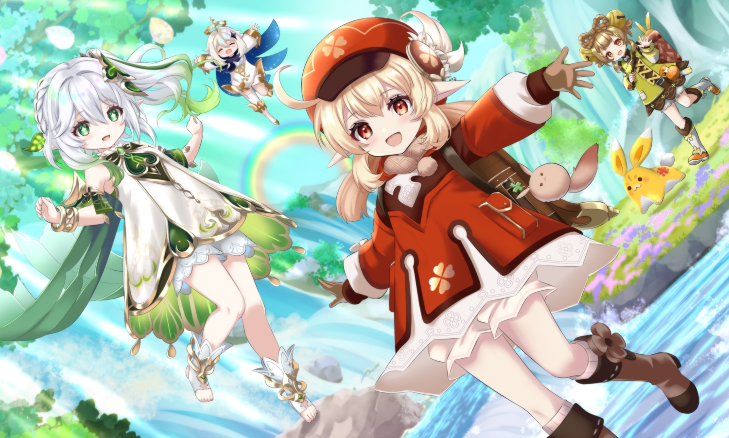 blonde_hair, bloomers, boots, braids, brown_hair, cape, chinese_clothes, dress, genshin_impact, gray_hair, green_eyes, group, halo, hat, kakiko210, klee_(genshin_impact), loli, long_hair, nahida_(genshin_impact), paimon_(genshin_impact), pointed_ears, ponytail, rainbow, red_eyes, short_hair, twintails, water, waterfall, yaoyao_(genshin_impact)