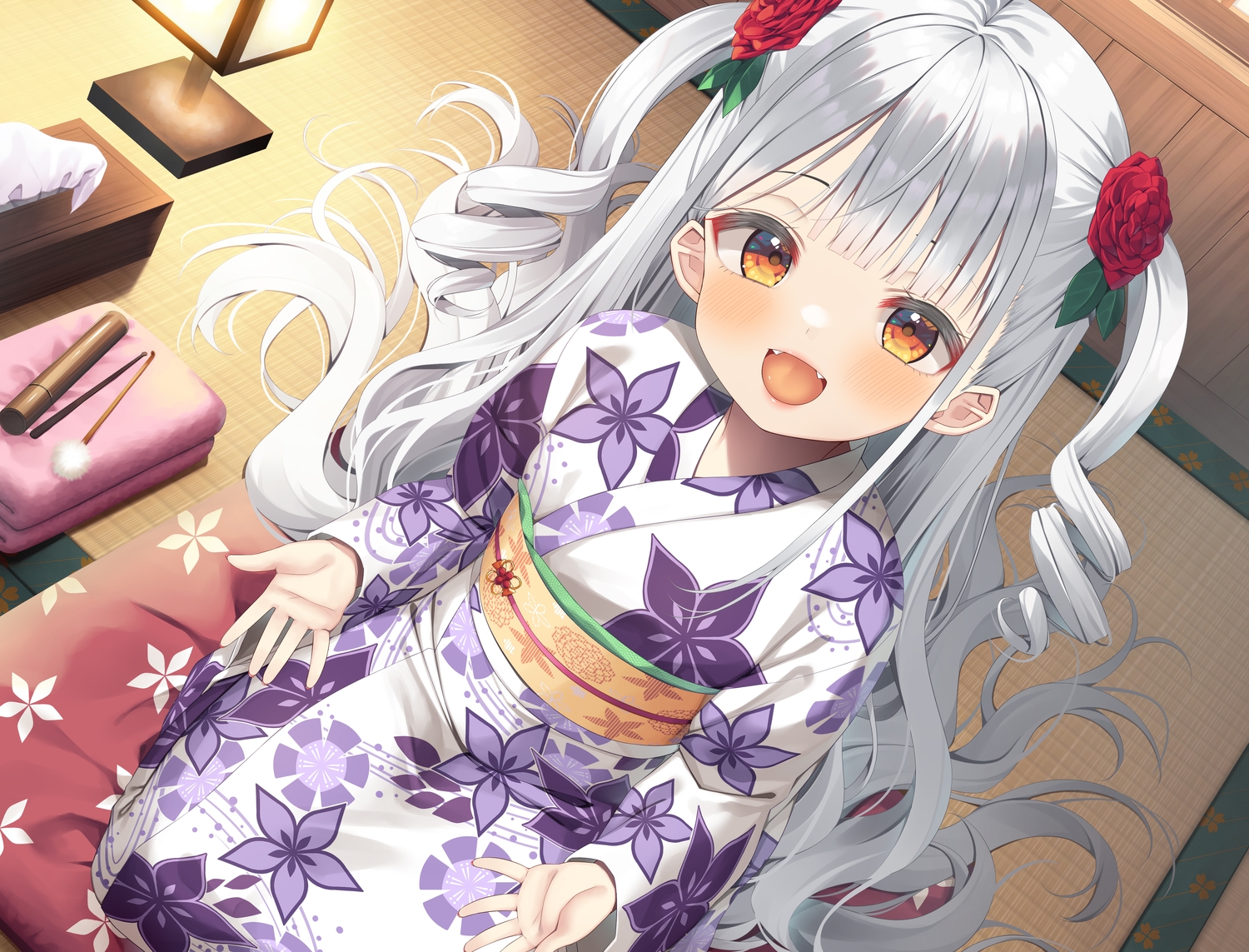 asa_no_ha, blush, fang, gray_hair, japanese_clothes, kimono, loli, long_hair, orange_eyes, original, twintails, whisp