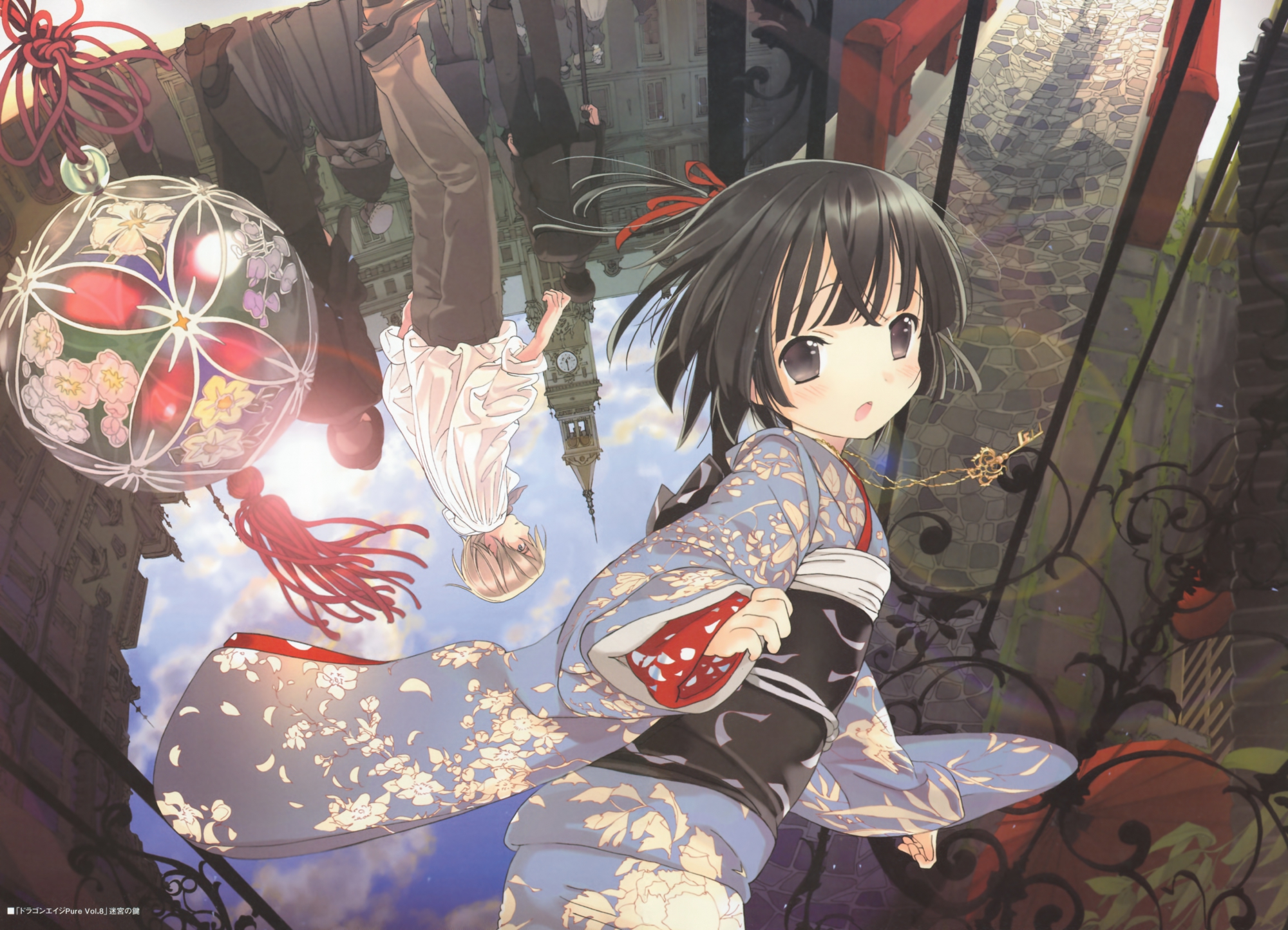 black_eyes, black_hair, blonde_hair, blush, building, city, claude_claudel, clouds, ikoku_meiro_no_croisee, japanese_clothes, short_hair, sky, takeda_hinata, yukata, yune_(ikoku_meiro_no_croisee)