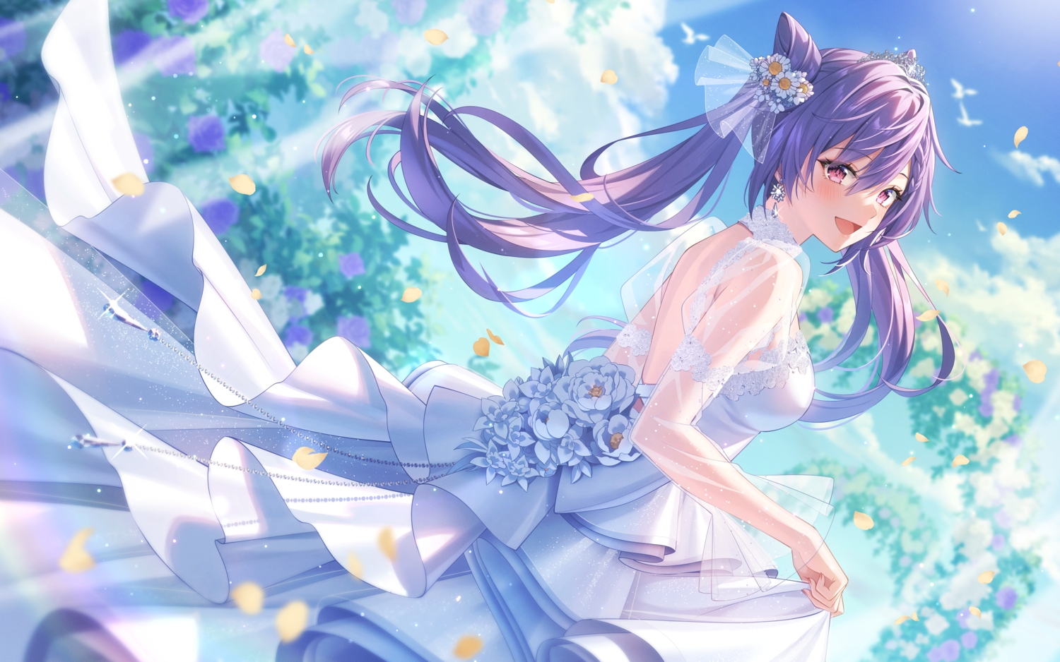 blush, bshi_edayo, clouds, dress, flowers, genshin_impact, keqing_(genshin_impact), petals, purple_eyes, purple_hair, see_through, skirt_lift, sky, twintails, wedding_attire