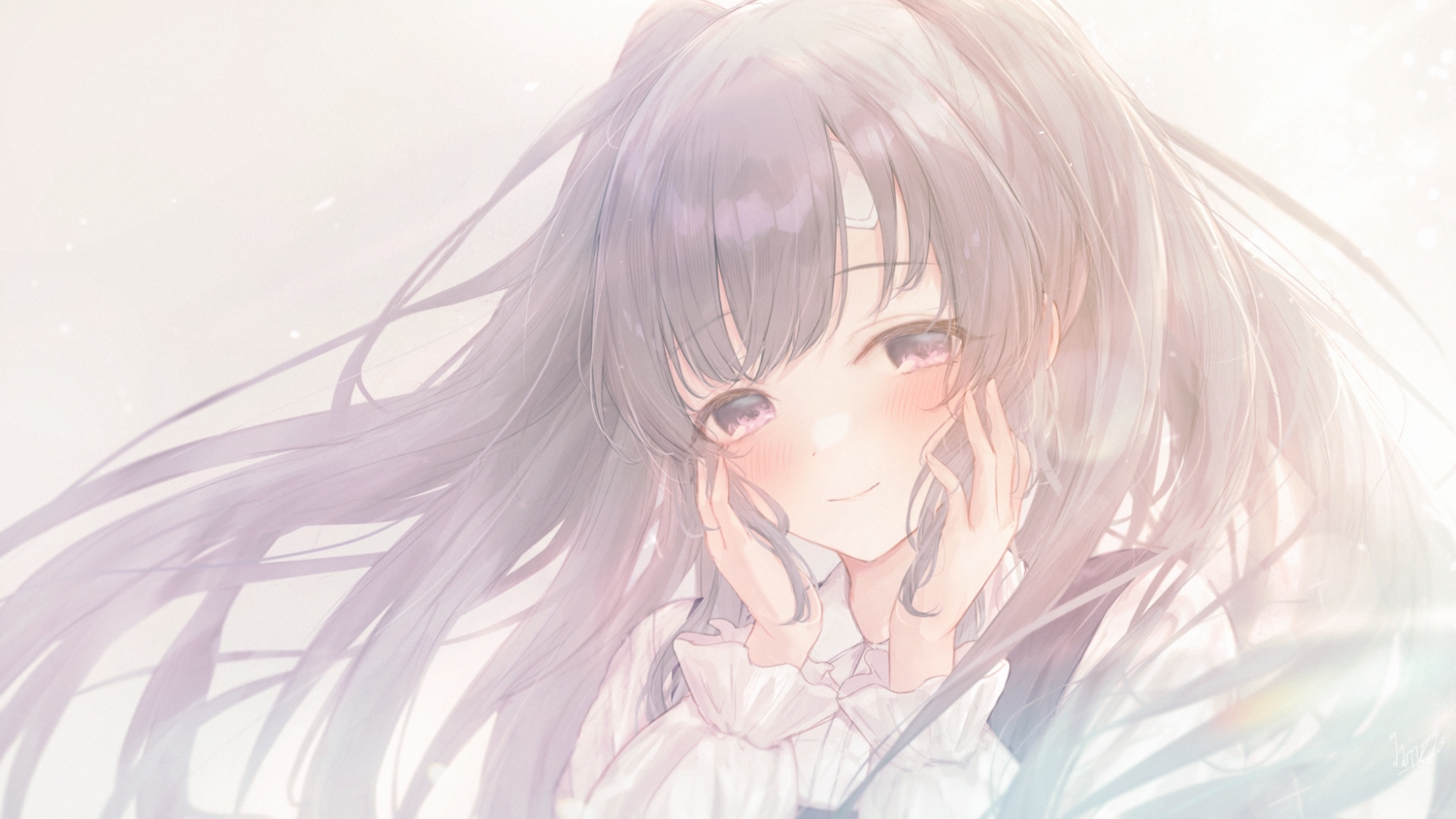bandage, blush, close, gameso, gray_hair, idolmaster, idolmaster_shiny_colors, long_hair, purple_eyes, shirt, yuukoku_kiriko