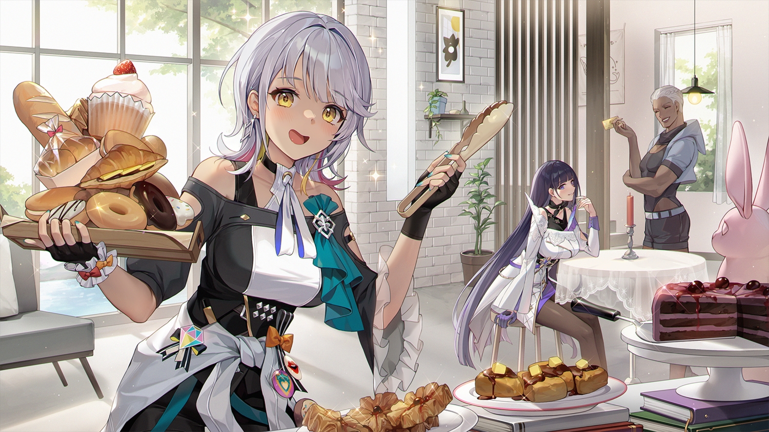 braids, cake, carole_peppers, dark_skin, dress, food, fruit, gloves, gray_eyes, honkai_impact, honkai_(series), hood, leotard, long_hair, pantyhose, purple_eyes, purple_hair, raiden_mei, short_hair, shorts, strawberry, tagme_(character), tomogy, white_hair, wristwear, yellow_eyes