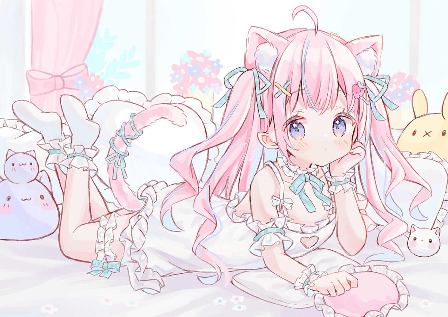 animal_ears, bed, blush, bow, bunny, catgirl, choker, dress