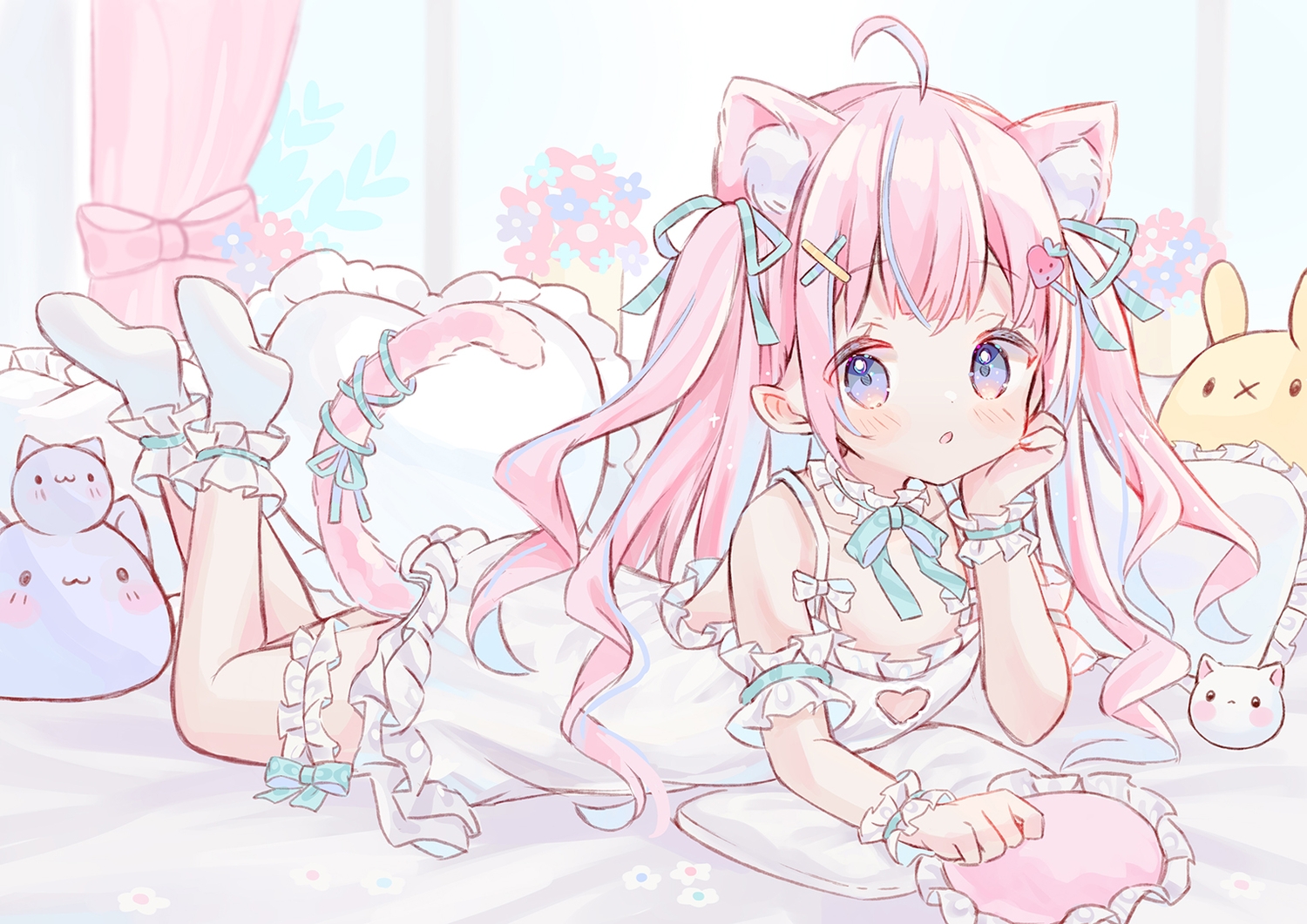 animal_ears, bed, blush, bow, bunny, catgirl, choker, dress