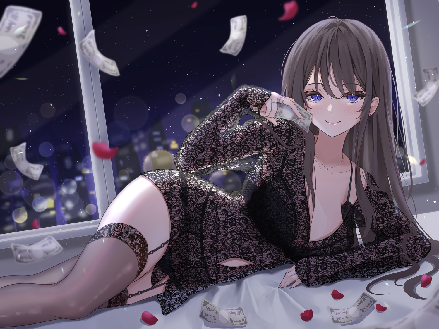 bed, black_hair, bra, building, city, garter_belt, hayashi_takeo, long_hair, night, original, panties, purple_eyes, see_through, stockings, underwear