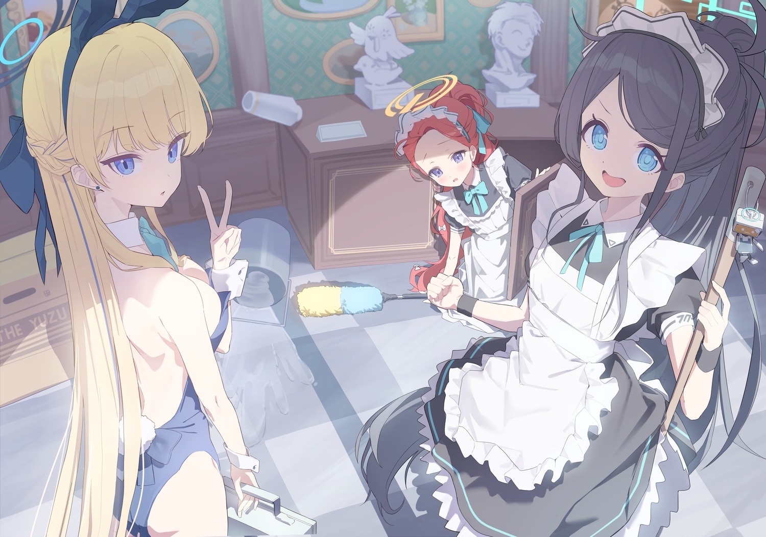 animal_ears, apple_pie, apron, aqua_eyes, asuma_toki, black_hair, blonde_hair, blue_archive