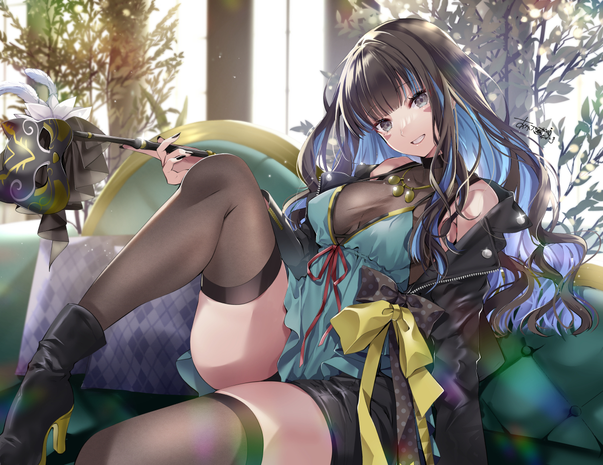 akatsuki_hijiri, aliasing, black_eyes, black_hair, boots, bow, breasts, cleavage, fate/grand_order, fate_(series), long_hair, mask, necklace, no_bra, see_through, shorts, signed, tenochtitlan_(fate), thighhighs, tree, zettai_ryouiki