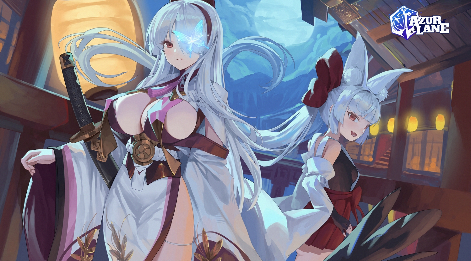 2girls, akipopopopoon, animal_ears, anthropomorphism, asanagi_(azur_lane), azur_lane, bow, breasts, building, butterfly, clouds, elbow_gloves, fang, foxgirl, gloves, headband, japanese_clothes, katana, long_hair, moon, night, ponytail, red_eyes, skirt, sky, sword, unzen_(azur_lane), weapon, white_hair