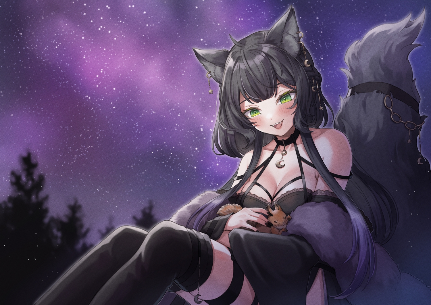 animal, animal_ears, black_hair, blush, breasts, cat_smile, cleavage, collar