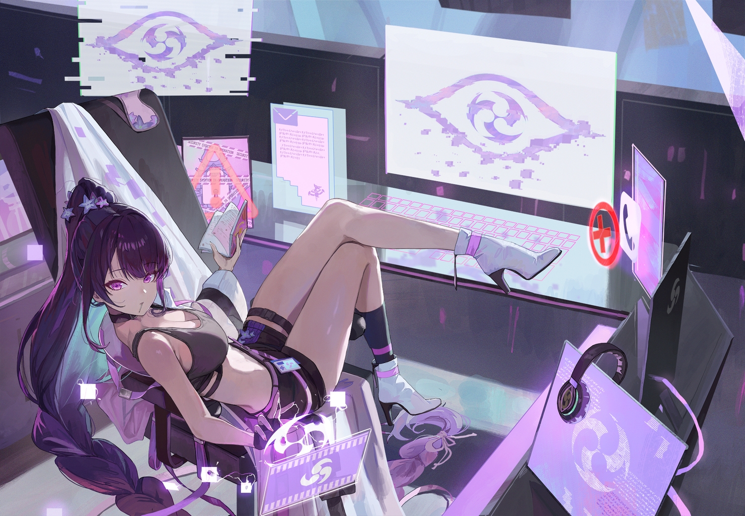 book, boots, bra, braids, breasts, cleavage, collar, computer, genshin_impact, gloves, kneehighs, long_hair, ponytail, purple_eyes, purple_hair, raiden_shogun, serie_niai, shorts, underwear