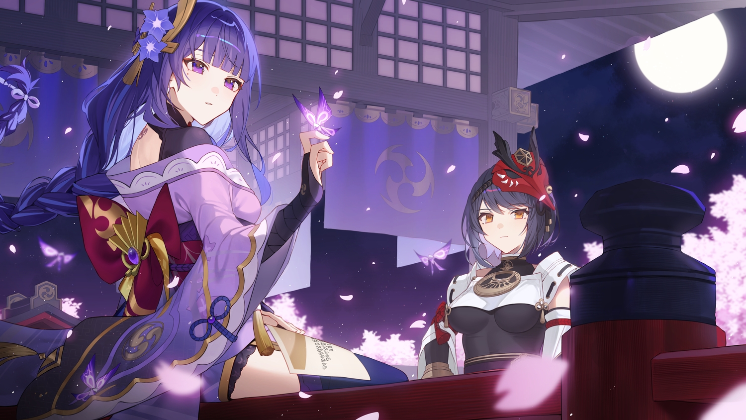 2girls, bell, black_hair, bow, braids, butterfly, elbow_gloves, genshin_impact