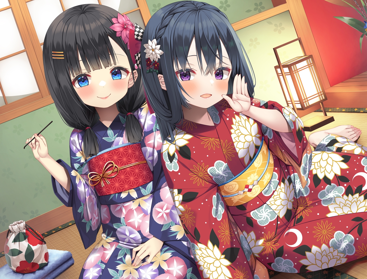 2girls, asa_no_ha, barefoot, black_hair, blue_eyes, blush, braids, japanese_clothes