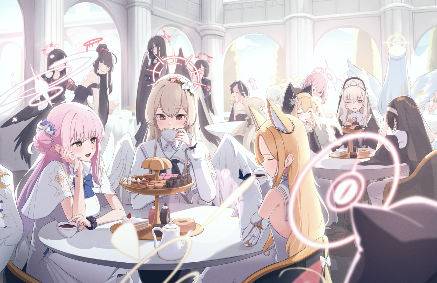 animal_ears, black_hair, blonde_hair, blue_archive, blue_hair, blush, bow, brown_eyes