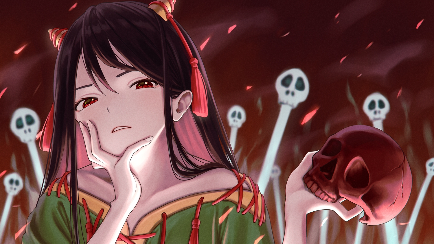 black_hair, close, demon, dtvisu, horns, long_hair, nippaku_zanmu, red_eyes, skull, touhou