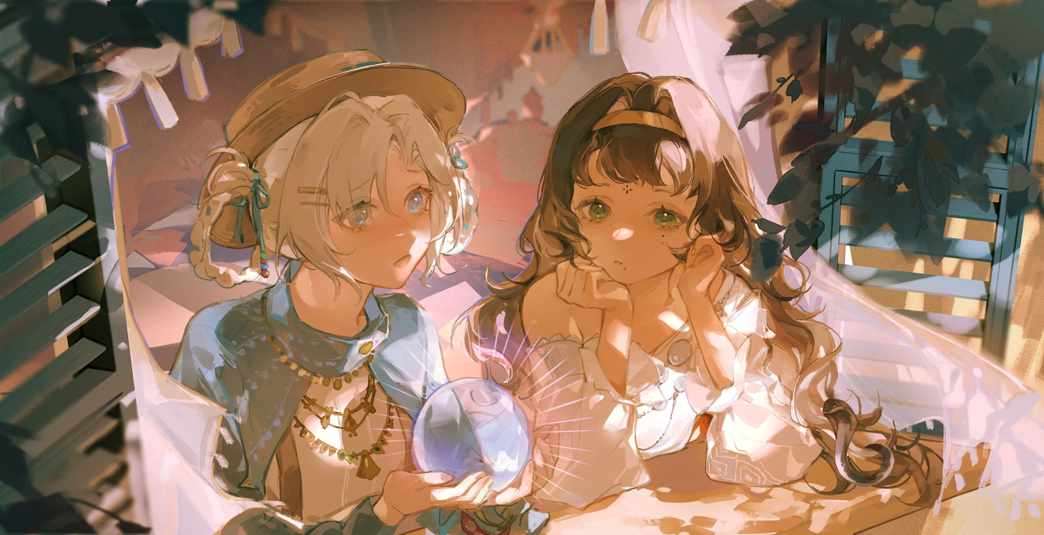 2girls, ball, blue_eyes, braids, brown_hair, cape, gjygyao, gray_hair, green_eyes, hat, headband, kanjira, leaves, long_hair, matilda_bouanich, necklace, reverse:1999, tattoo