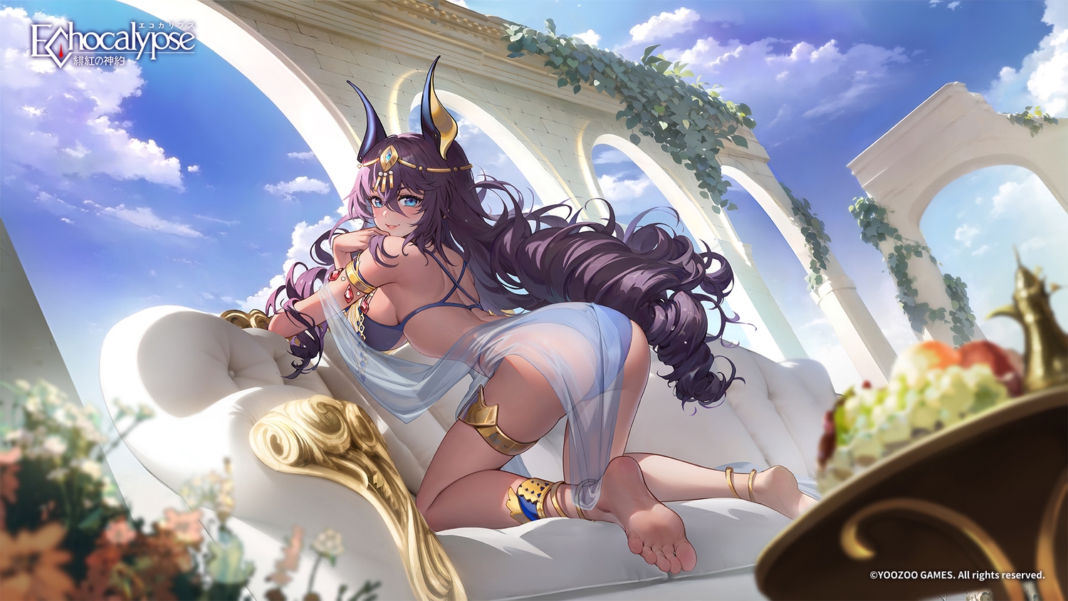 animal_ears, anubis_(echocalypse), ass, barefoot, bikini, blue_eyes, breasts, clouds, couch, dark_skin, echocalypse, flowers, food, fruit, headdress, leaves, logo, long_hair, purple_hair, see_through, sky, swimsuit, tagme_(artist), watermark