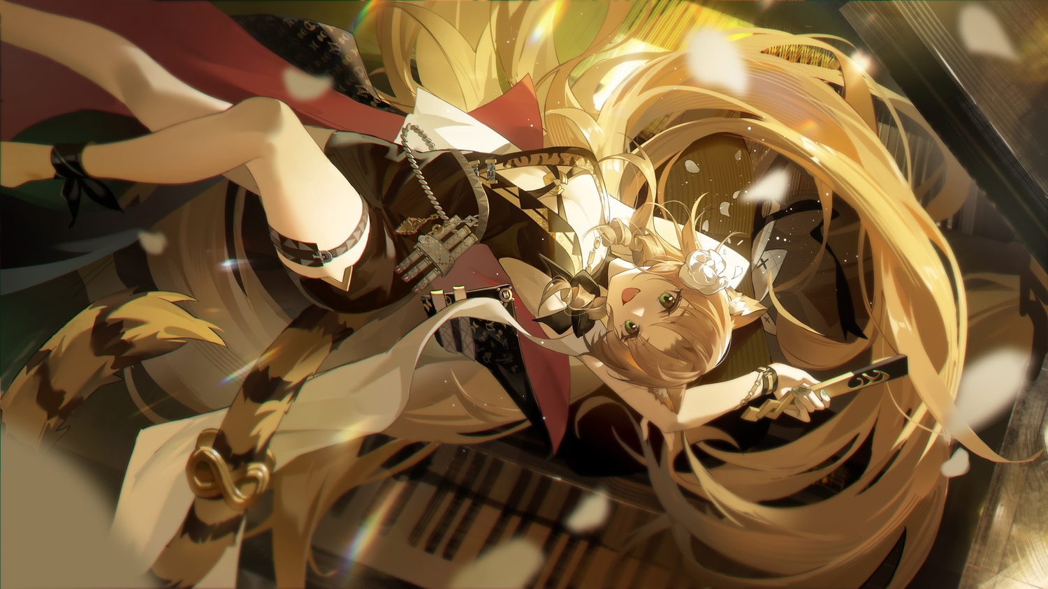 animal_ears, arknights, blonde_hair, breasts, catgirl, cat_smile, cleavage, fan