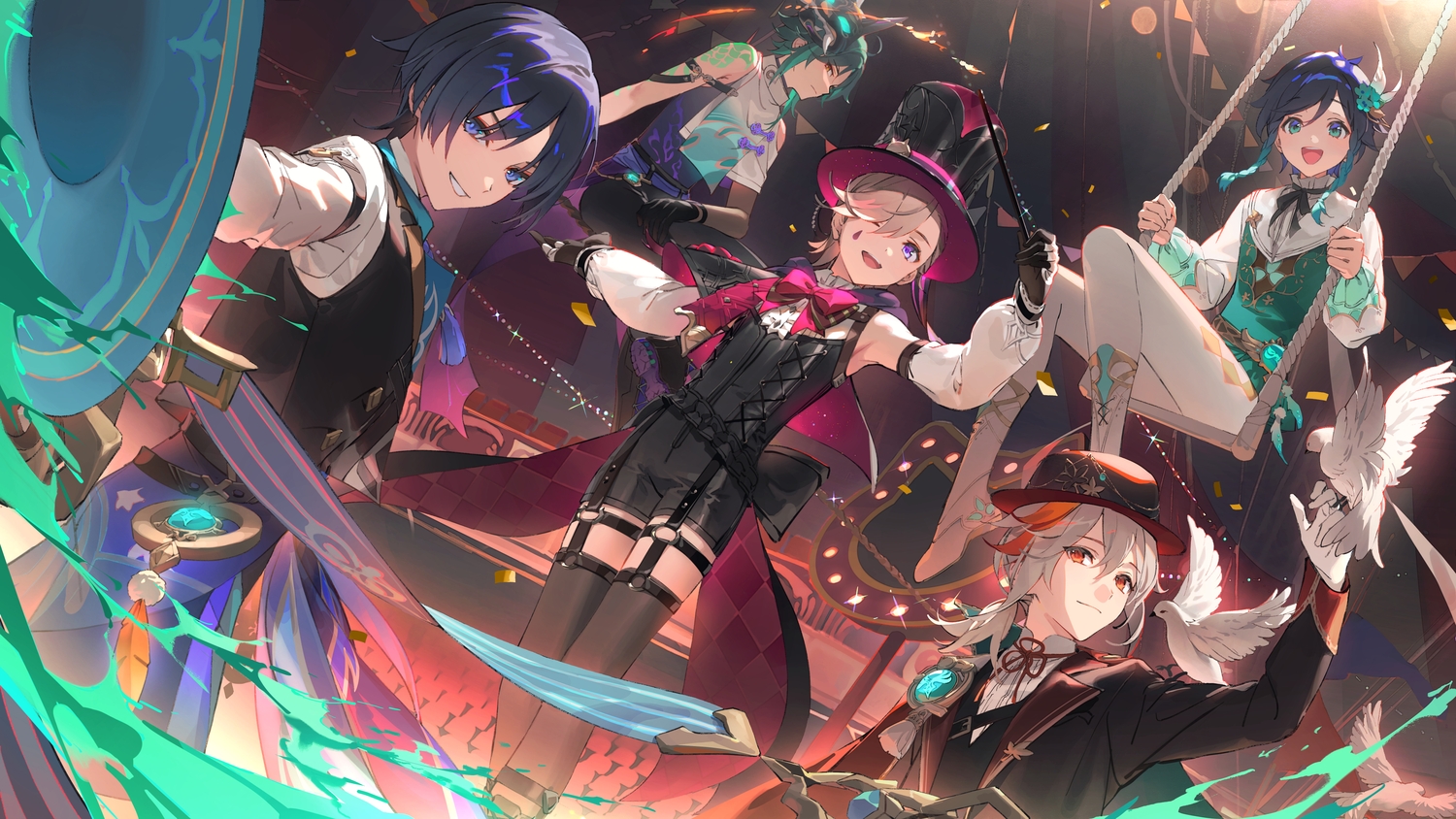 all_male, animal, bird, black_hair, blue_eyes, boots, bow, braids