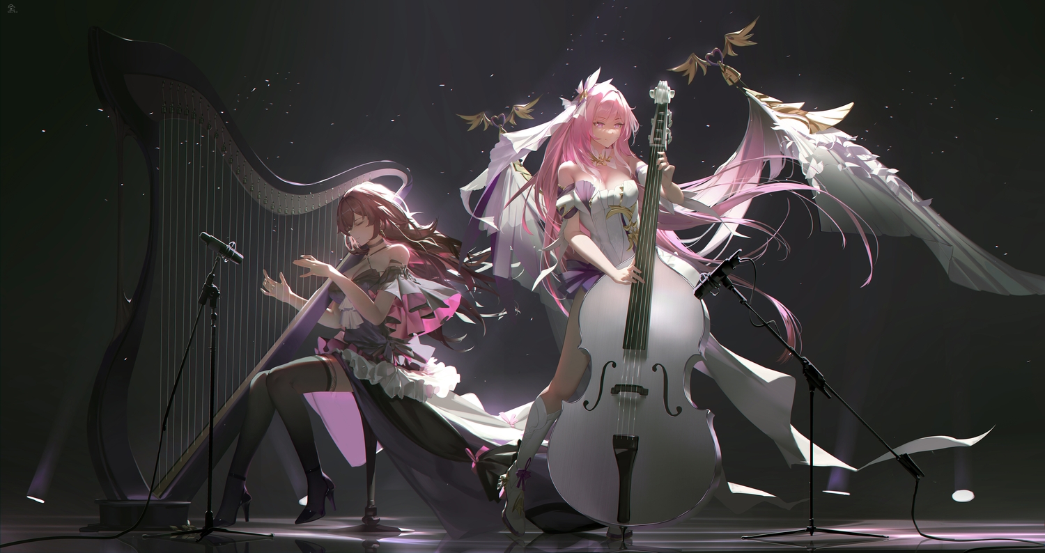 boots, breasts, brown_hair, cleavage, dress, eden_(honkai_impact), elysia_(honkai_impact), honkai_impact, honkai_(series), instrument, long_hair, pink_eyes, pink_hair, ribao, signed, thighhighs