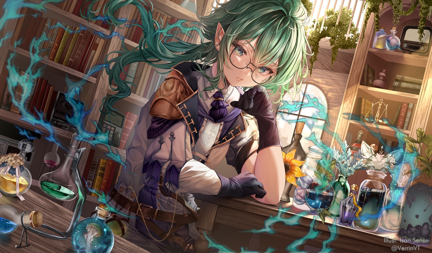 all_male, flowers, glasses, gloves, green_eyes, green_hair, isari_sensei, long_hair