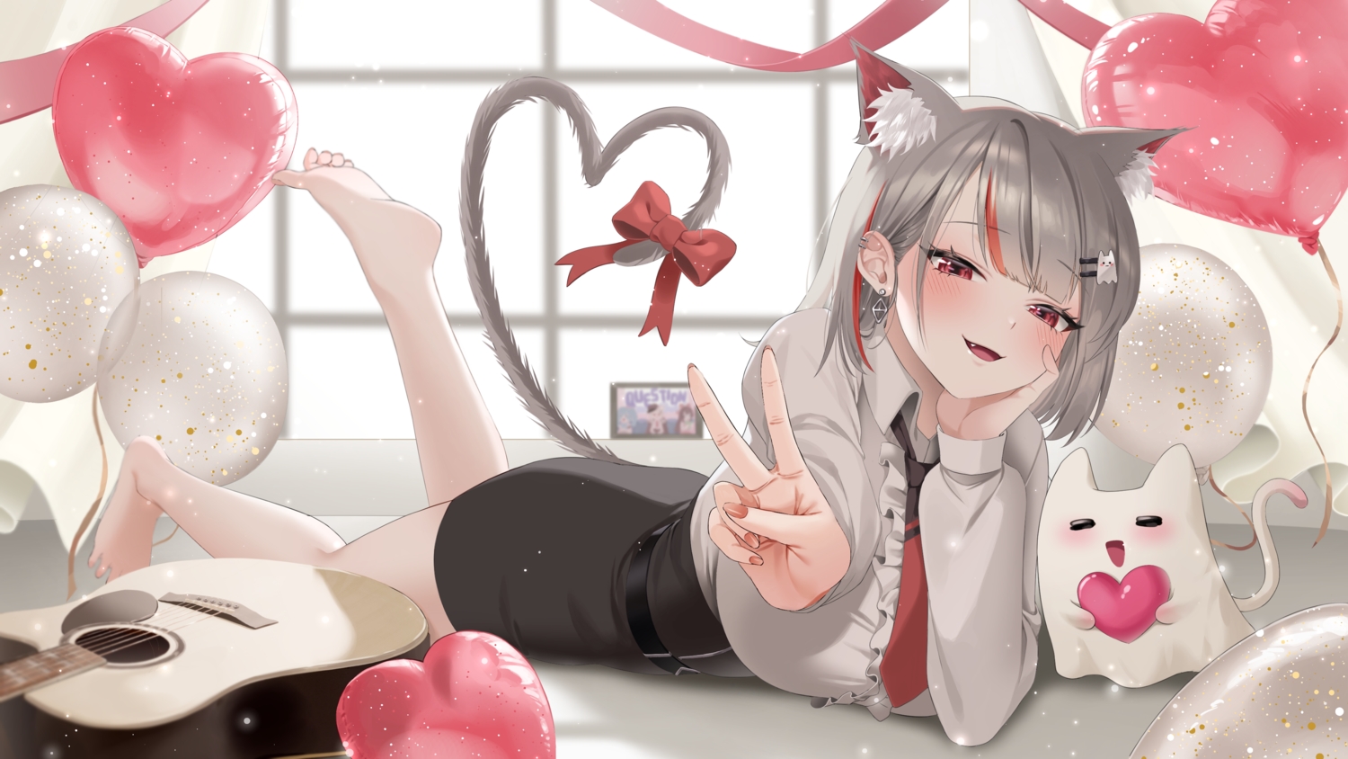 animal_ears, barefoot, blush, bow, catgirl, fang, gray_hair, guitar, instrument, original, red_eyes, ribbons, shant_07, shirt, short_hair, skirt, tail, tie