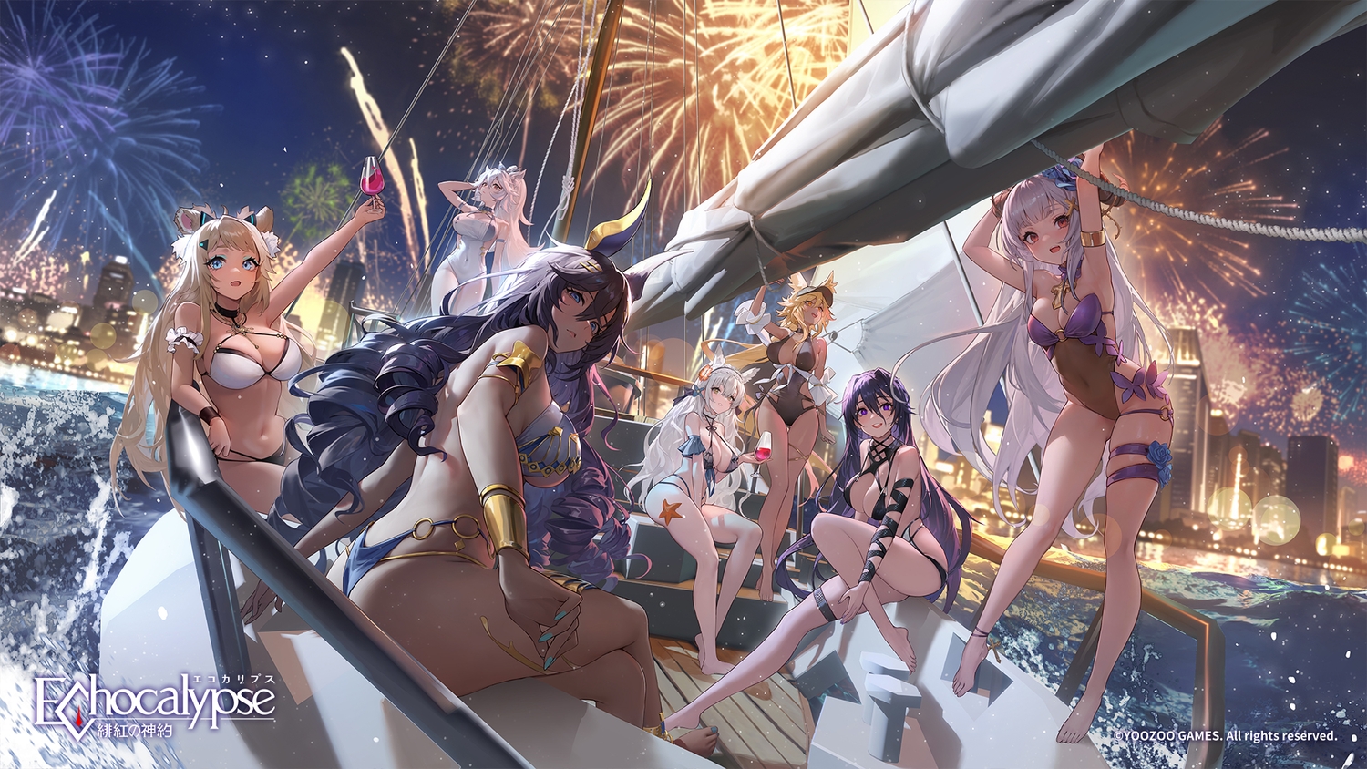 animal_ears, anubis_(echocalypse), banshee_(echocalypse), barefoot, bikini, black_hair, blonde_hair, blue_eyes, boat, breasts, building, cera_(echocalypse), choker, city, cleavage, cross, dark_skin, drink, echocalypse, fireworks, garter, garula_(echocalypse), gray_hair, group, headdress, horns, logo, long_hair, navel, night, nyla_(echocalypse), purple_eyes, purple_hair, red_eyes, sky, swimsuit, tagme_(artist), watermark, white_hair, wristwear, yellow_eyes, yora_(echocalypse)