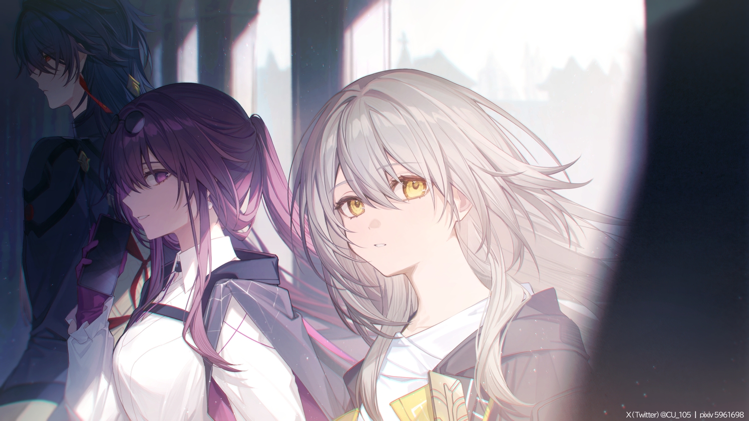 2girls, aliasing, black_hair, blade_(honkai:_star_rail), close, coyucom, gloves, gray_hair