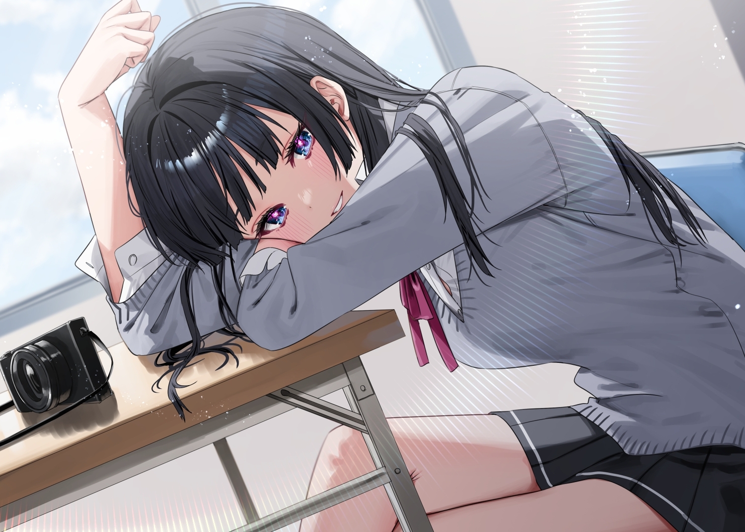 black_hair, blue_eyes, blush, bow, camera, chigusa_minori, clouds, long_hair, original, ribbons, school_uniform, shirt, skirt, sky