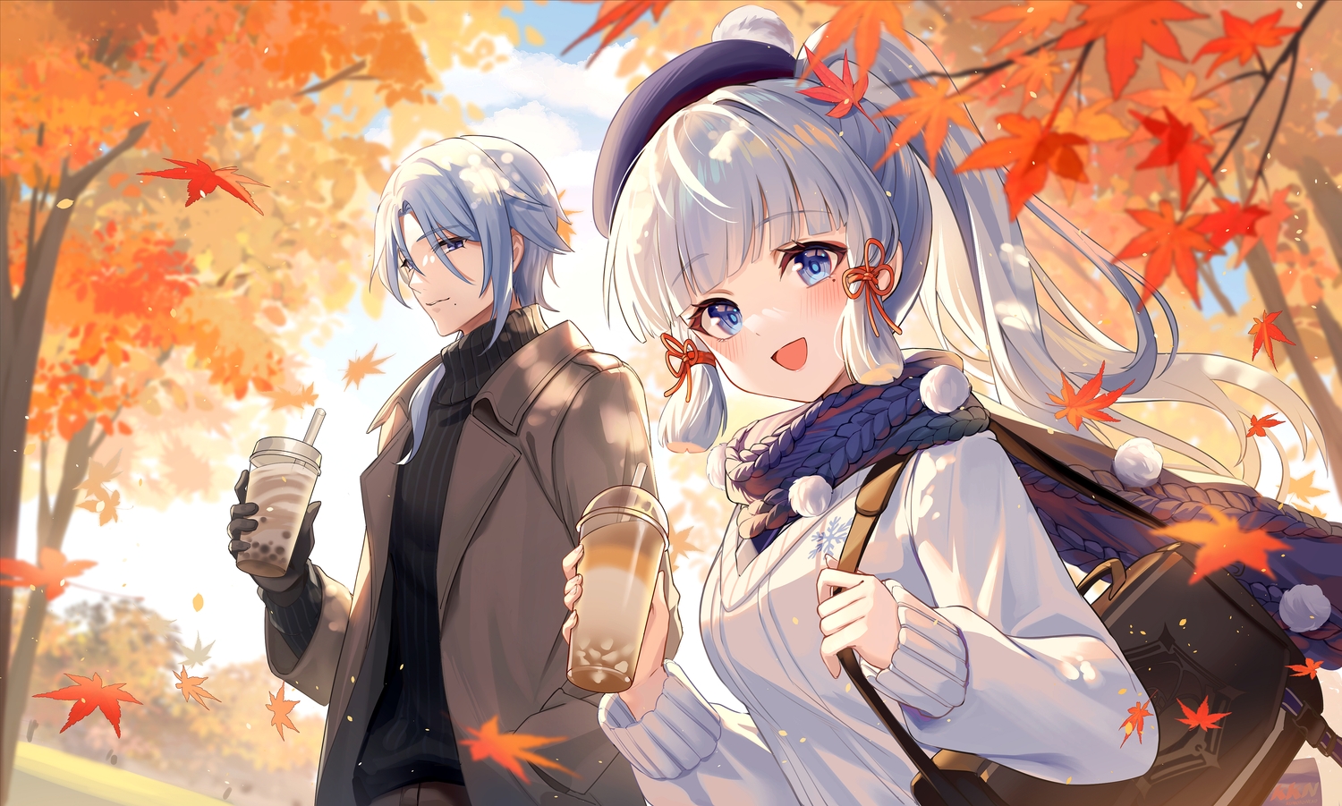 autumn, blue_eyes, blush, clouds, drink, genshin_impact, gray_hair, hat