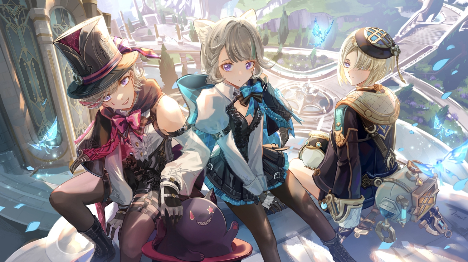 animal_ears, blonde_hair, boots, bow, breasts, butterfly, catgirl, cleavage