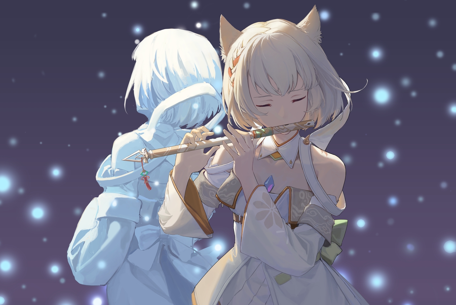 animal_ears, blonde_hair, bow, braids, catgirl, dress, flute, instrument