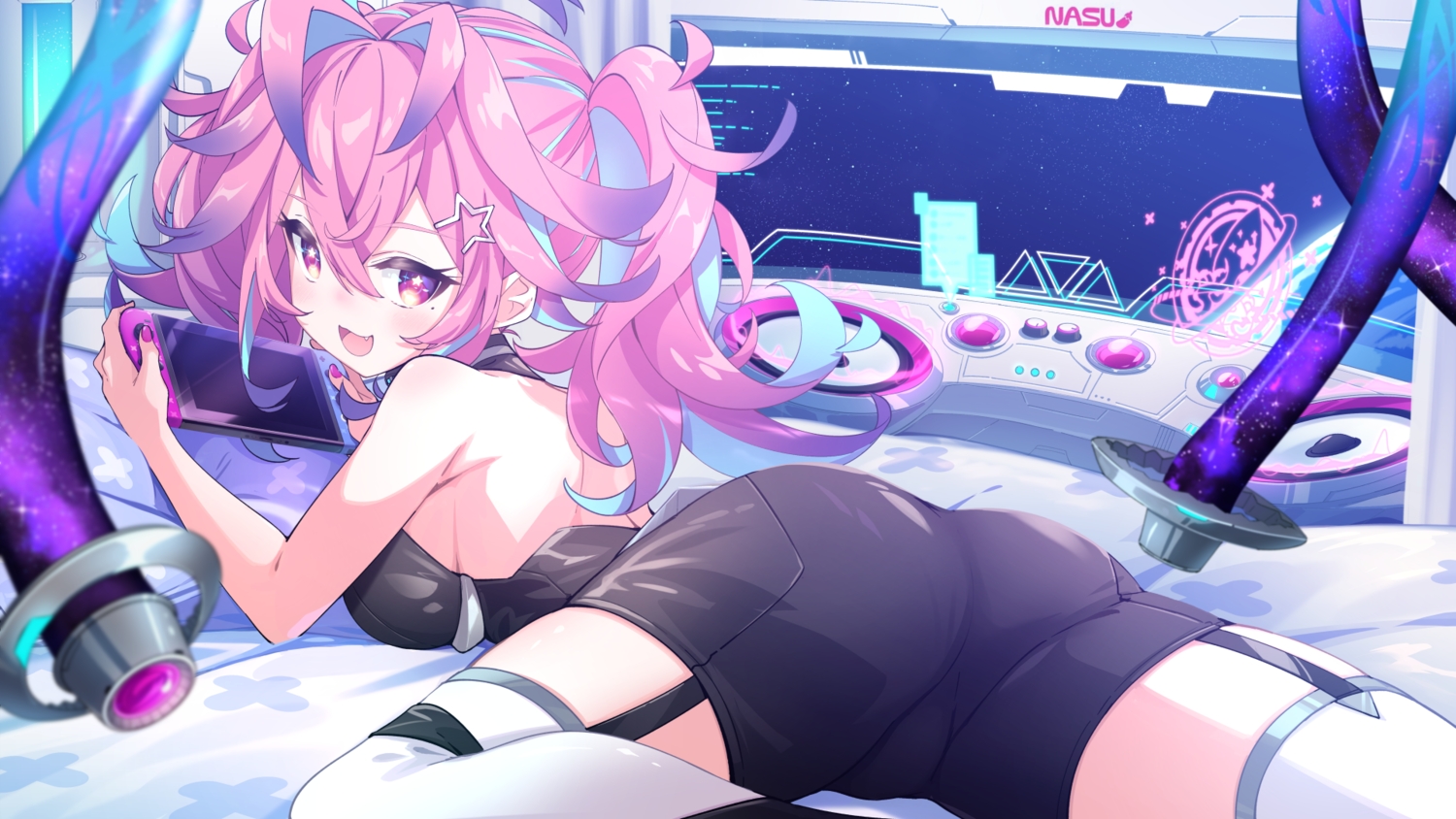 ass, blush, cat_smile, fang, game_console, garter_belt, nebi_nebu_(vtuber), pink_hair, pixellink, purple_eyes, schatten, shorts, spread_legs, stockings, twintails, zettai_ryouiki