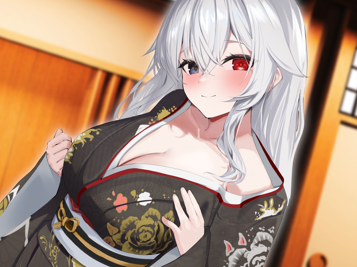 bicolored_eyes, blush, breasts, cleavage, hitachi_sou, japanese_clothes, kimono, long_hair, original, white_hair