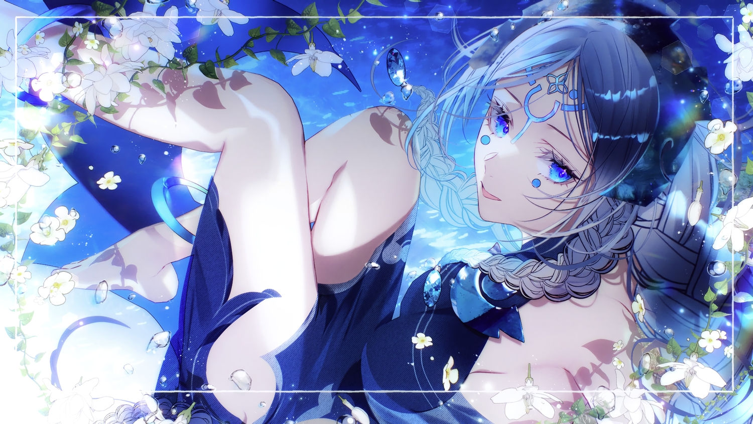 barefoot, blade_&_soul, blue_eyes, blue_hair, braids, bubbles, dress, flowers