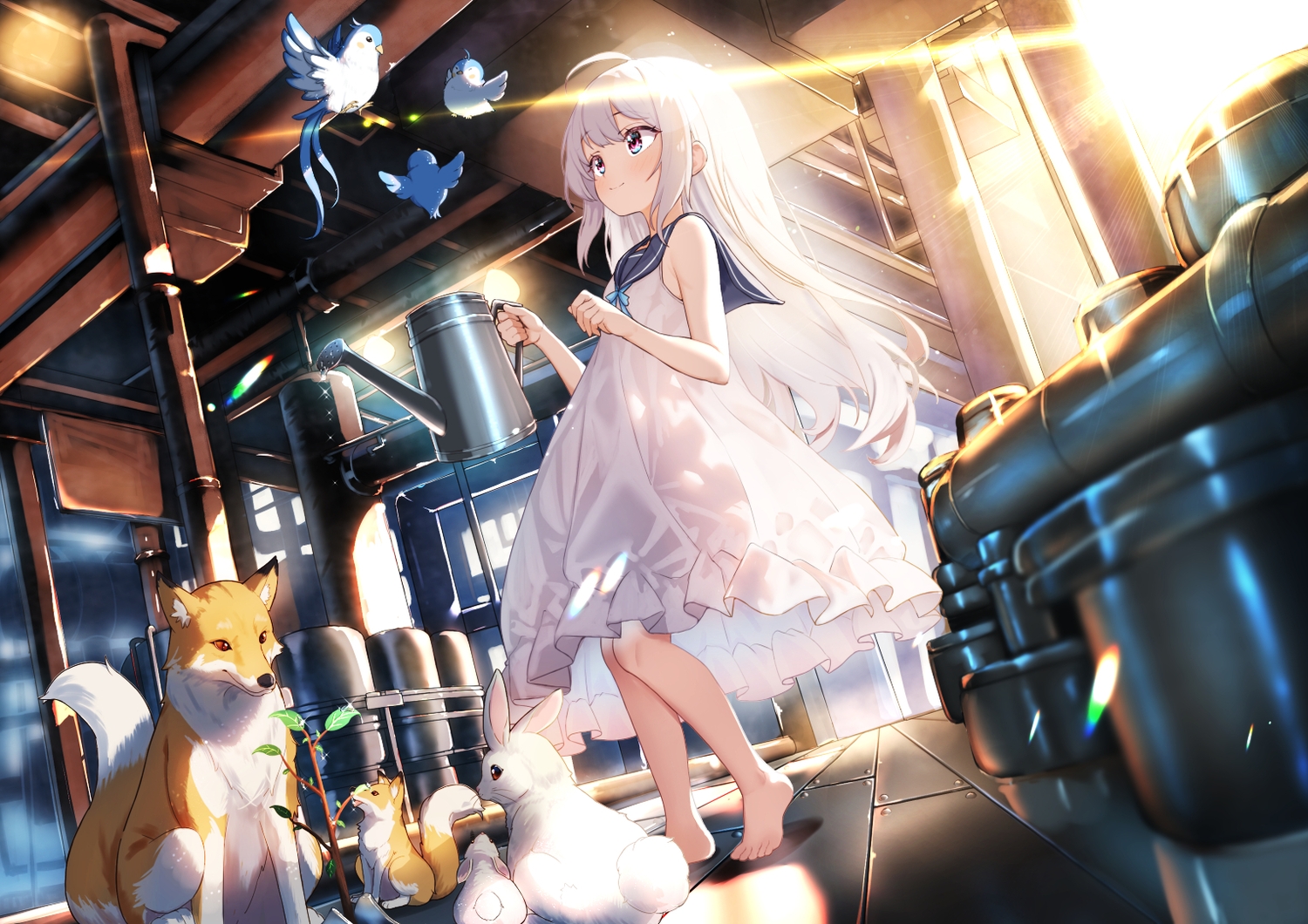 animal, barefoot, bird, blush, dongchuan, dress, fox, loli, long_hair, original, pink_eyes, rabbit, summer_dress, white_hair
