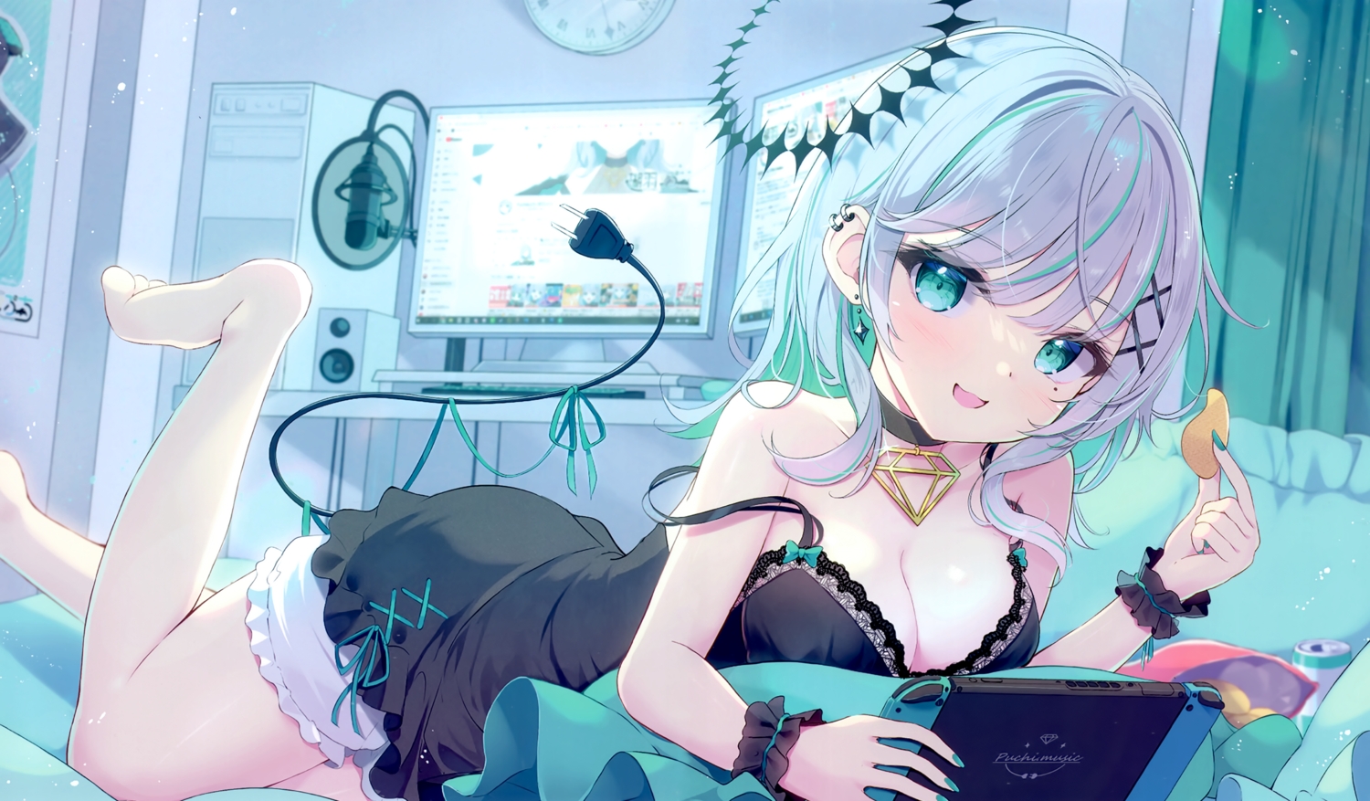 aqua_eyes, barefoot, bed, breasts, cleavage, computer, food, game_console