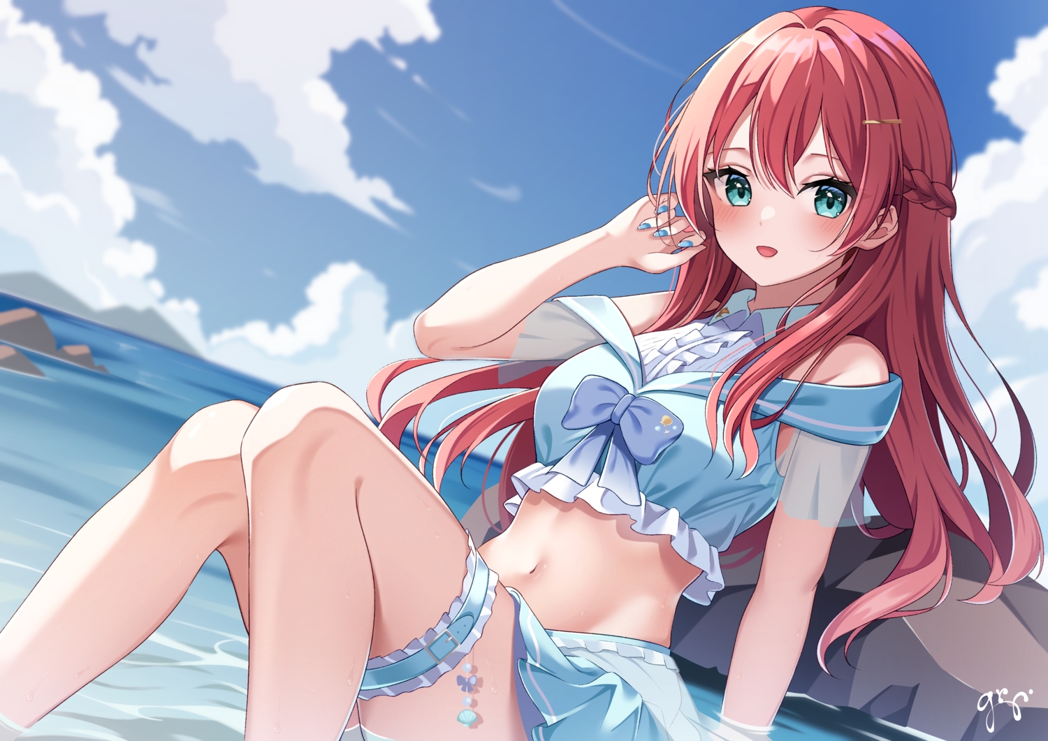 aqua_eyes, blush, bow, braids, clouds, garter, guri_(gri1211), long_hair, navel, red_hair, signed, skirt, sky, water