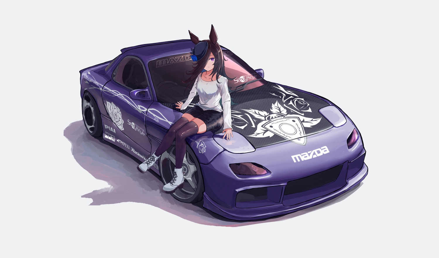 animal_ears, anthropomorphism, black_hair, car, flowers, gray, hat, long_hair, purple_eyes, rice_shower_(umamusume), rose, run_rotary, third-party_edit, uma_musume:_pretty_derby