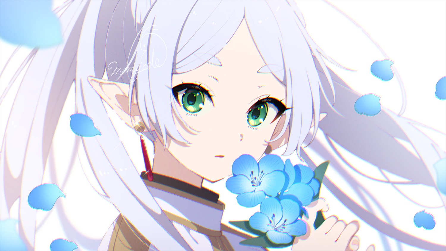 close, flowers, frieren, gray_hair, green_eyes, long_hair, mamyouda, petals