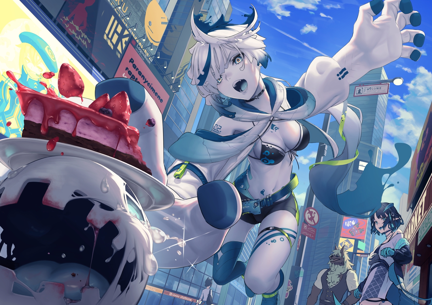 aqua_eyes, bikini_top, black_hair, blue_eyes, boots, building, cake, city, clouds, food, fruit, garter, gloves, headdress, horns, male, navel, original, pointed_ears, short_hair, shorts, shy_(shy_06), sky, strawberry, sunglasses, tattoo, white_hair