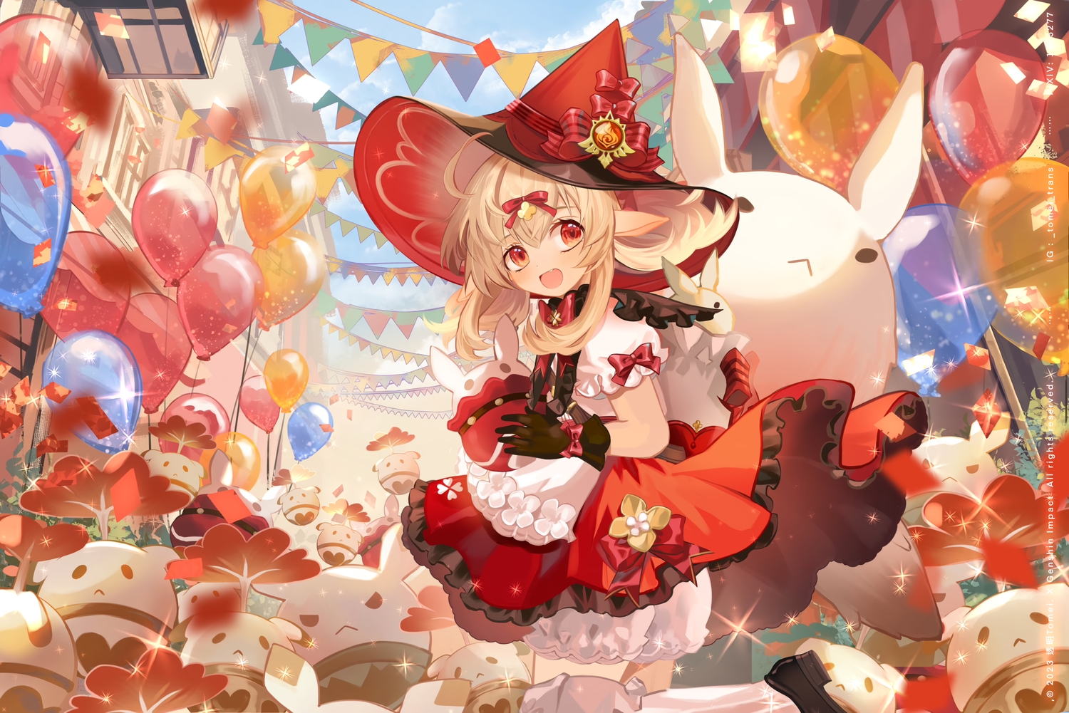 apron, blonde_hair, bloomers, bow, building, city, clouds, dress, fang, flowers, genshin_impact, gloves, hat, klee_(genshin_impact), loli, lolita_fashion, pointed_ears, red_eyes, skirt_lift, sky, thighhighs, touming_tomei, watermark, witch_hat