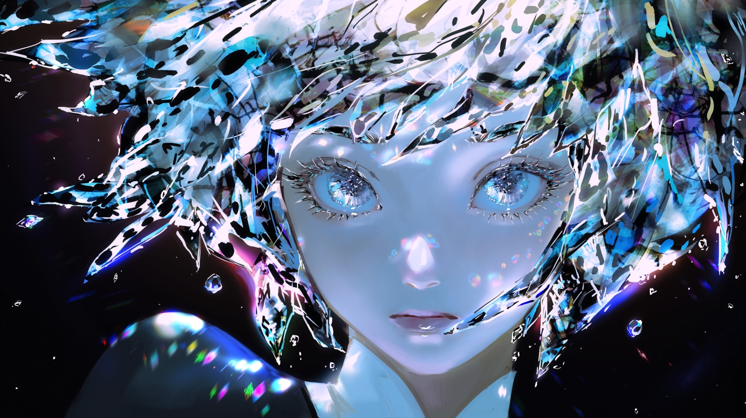 anthropomorphism, black, close, diamond_(houseki_no_kuni), houseki_no_kuni, nixeu, polychromatic, realistic