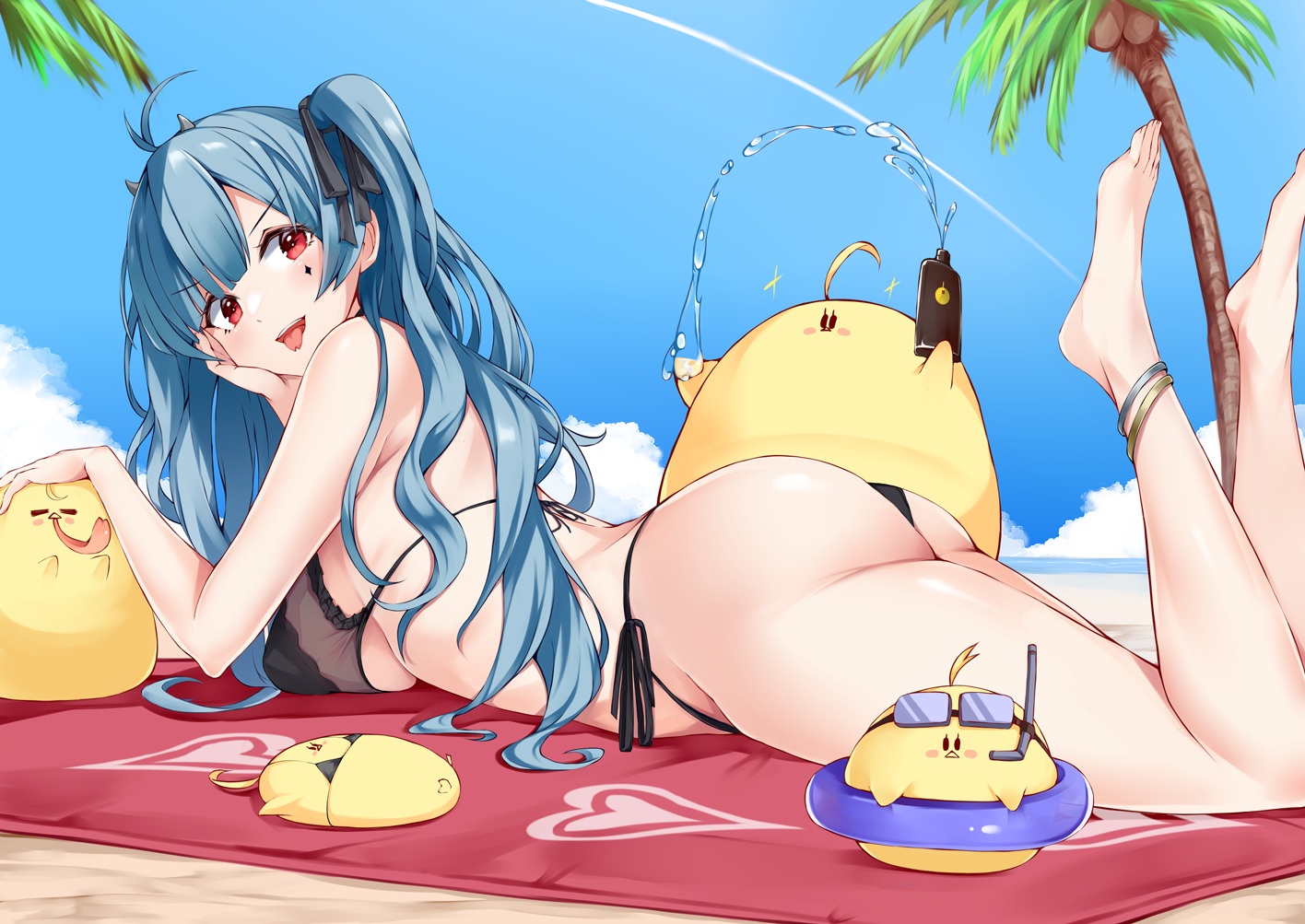 animal, anthropomorphism, aqua_hair, ass, azur_lane, barefoot, beach, bikini, bird, breasts, clouds, horns, irohasu, long_hair, manjuu_(azur_lane), marco_polo_(azur_lane), red_eyes, sky, swimsuit, tree