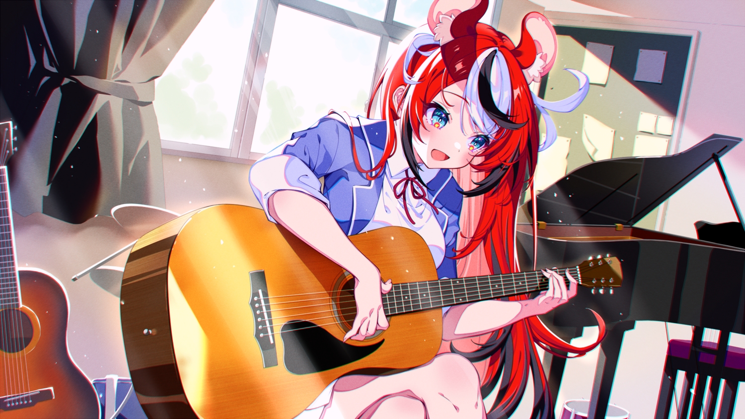 animal_ears, aqua_eyes, blush, guitar, hakos_baelz, hololive, instrument, long_hair