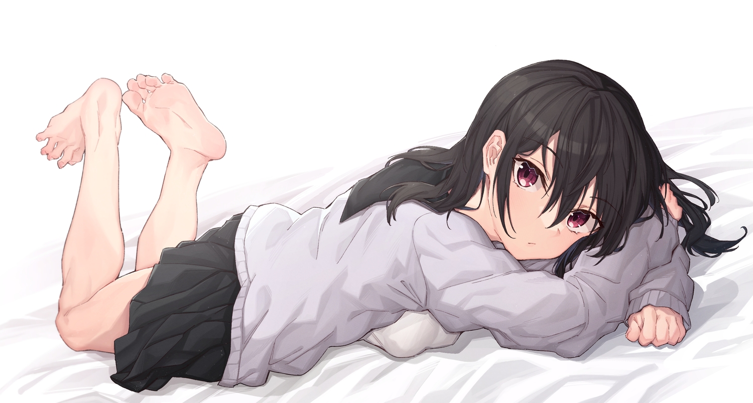 barefoot, batatata77, black_hair, long_hair, original, red_eyes, skirt